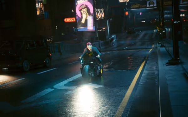 A rider with pink hair speeds on a sleek black motorcycle through a neon-lit city