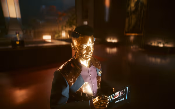 A golden humanoid figure in a suit holds a tablet in a luxurious, dimly lit room.