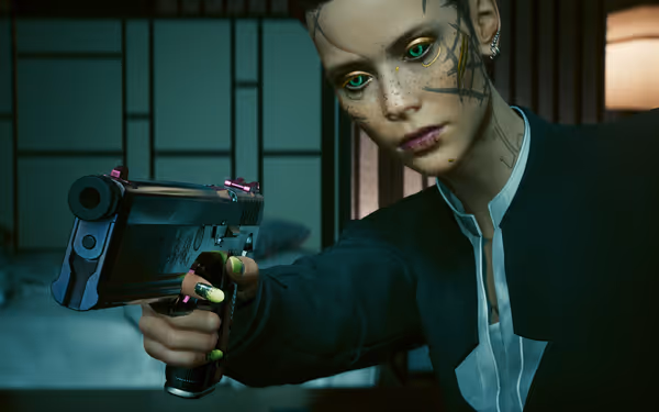 A woman with cybernetic facial implants aims a customized pistol with neon accents.