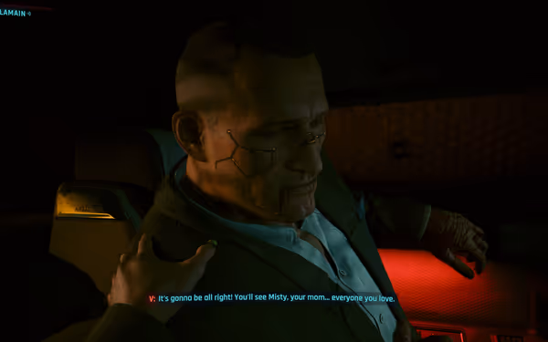 A wounded man with cybernetic implants sits in a car, blood on his face