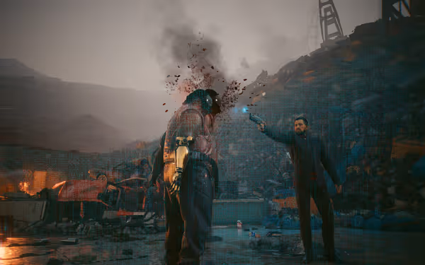 A man in a dark coat shoots another with a cybernetic arm, causing blood splatter