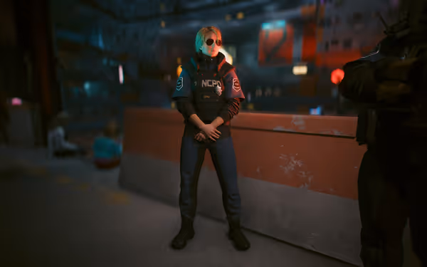 A stern police officer in tactical gear and sunglasses stands guard in a neon-lit city.