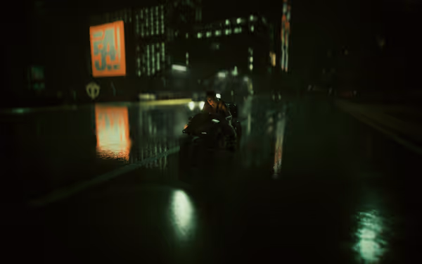 A lone motorcyclist rides through a neon-lit rainy cityscape with reflective wet streets.