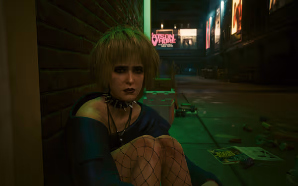 A sad woman with short blonde hair and punk attire sits in a neon-lit alley