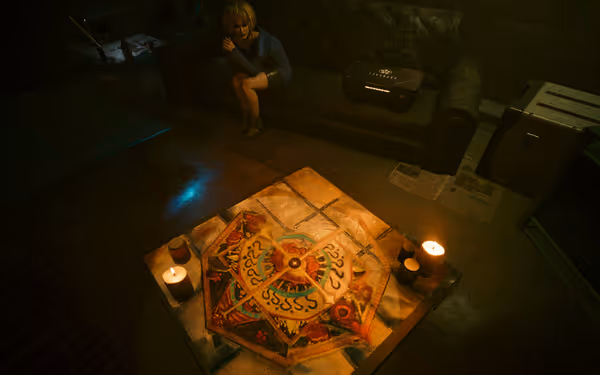 A woman in punk-style clothing sits on a couch near a glowing ritual symbol