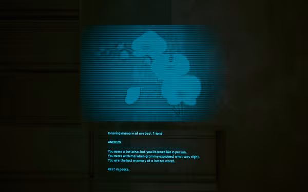 A glowing blue holographic screen displays orchids and a memorial message for a tortoise named Andrew.