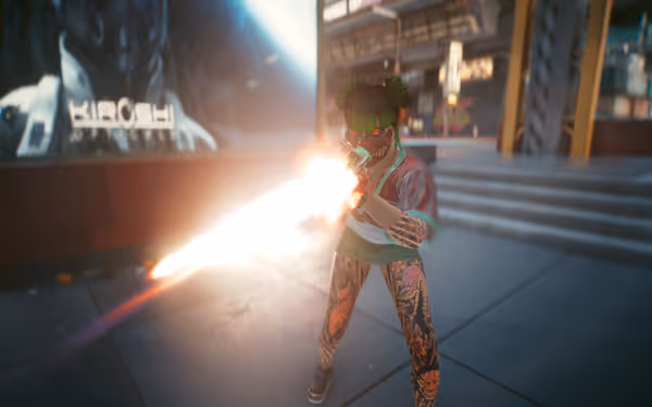A woman with green hair, tattoos, and a mask fires a gun in daylight.