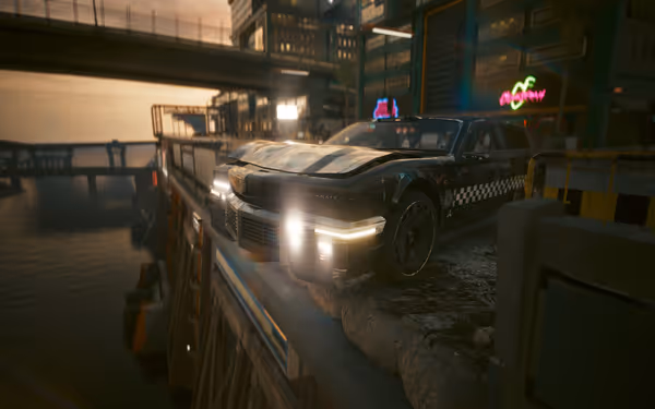 A damaged black taxi with glowing headlights is precariously perched on a crumbling ledge.