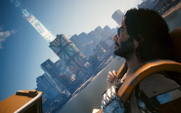 A man with long hair, sunglasses, and a cybernetic hand gazes over a futuristic city.