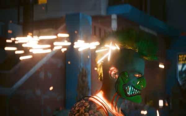 A cyberpunk-style character with a green mask and glowing implants dodges incoming bullets.