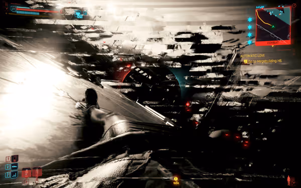 A first-person view of a distorted cybernetic glitch with red enemy indicators nearby.