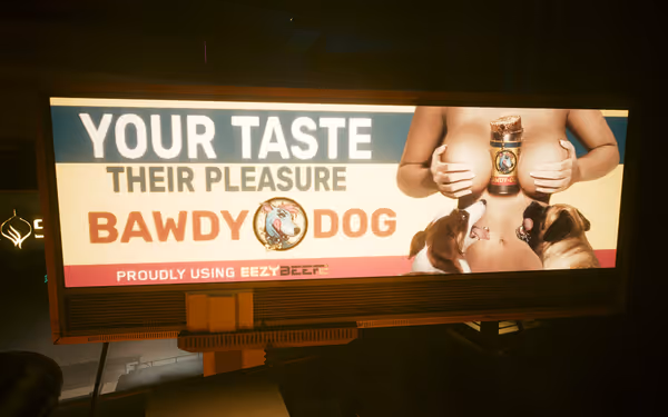A provocative billboard advertising "Bawdy Dog" with a topless figure and two dogs.