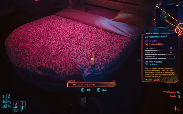 A pink leopard-print bed with a highlighted weapon called "Sir John Phallustiff" displayed