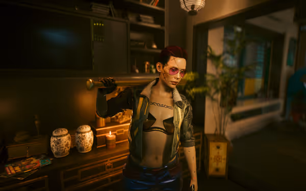 A cybernetic woman with red hair holds a bat indoors, wearing futuristic attire