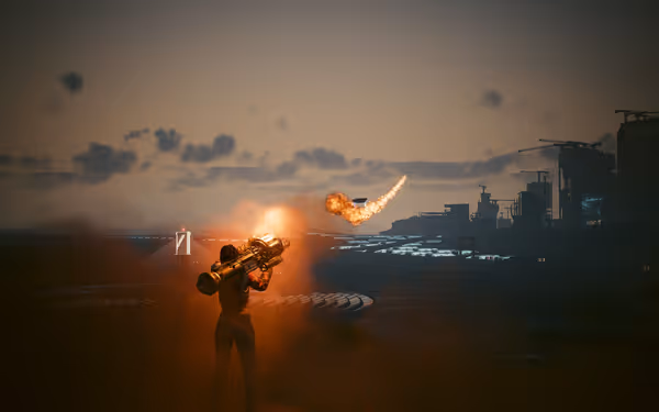 A person fires a rocket launcher at a flying target in a futuristic wasteland.