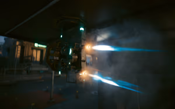 A futuristic turret fires blue energy blasts while mounted on a ceiling in a city.