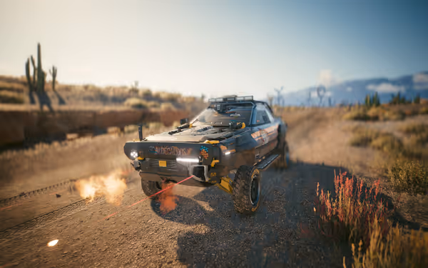 A rugged off-road car with "Aldecaldos" branding fires weapons in a desert setting.