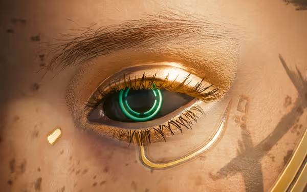 A close-up of a cybernetic eye with a glowing green ring and gold implants.