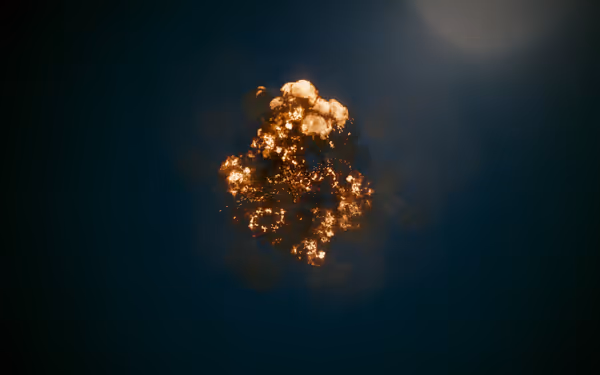 A fiery explosion with smoke expands against a dark sky with glowing embers.