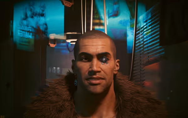 A bald man with a cybernetic eye and fur coat smirks in a neon-lit room.