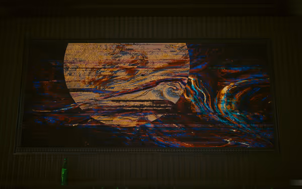 A large digital painting with a distorted planet and swirling colorful textures.