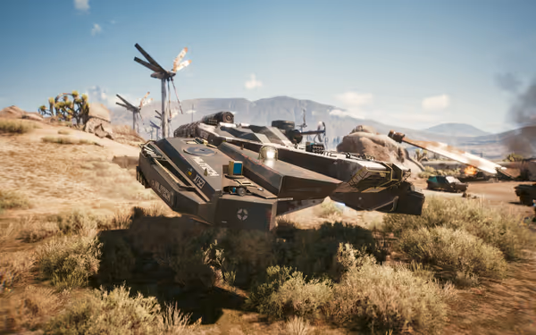 A futuristic hovering armored vehicle in a desert with wind turbines and wreckage.