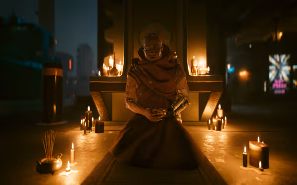 A cybernetic monk sits in meditation surrounded by glowing candles in a dim setting.