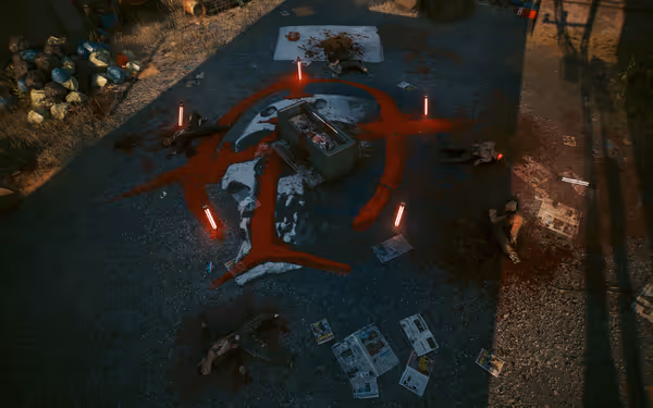 A ritualistic crime scene with bodies, blood, neon lights, and a painted face symbol.
