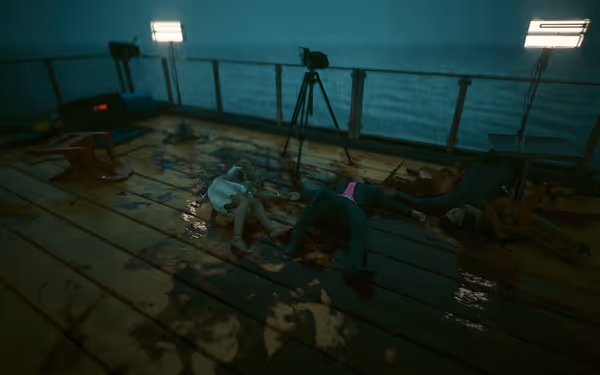 Three bloodied bodies lie on a rain-soaked yacht deck surrounded by overturned furniture