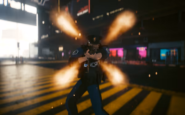 A heavily armed police officer fires a weapon, with muzzle flashes illuminating the scene