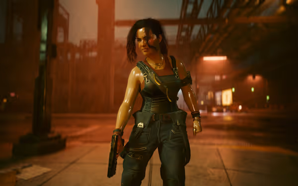 A strong woman with a gun stands ready in the rain under industrial lights