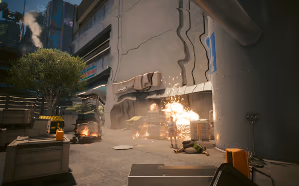 A futuristic street scene with explosions, a distorted wall, a standing figure, and a fallen person