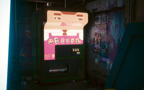A vending machine with a cartoon face, bright pink display, and graffiti-covered walls