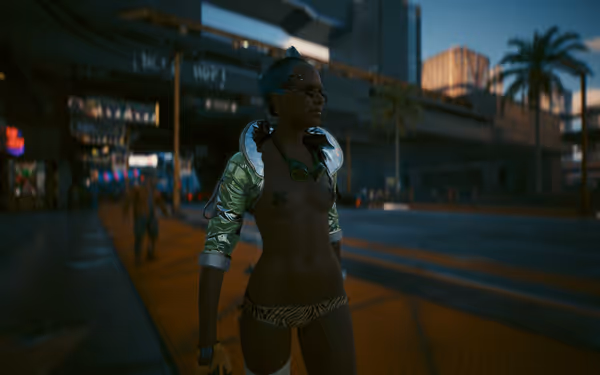 A cyberpunk-style character with cybernetic implants, metallic sleeves, and a futuristic city background