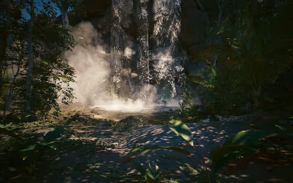 A waterfall cascades down rocky cliffs into a misty pool, surrounded by dense jungle