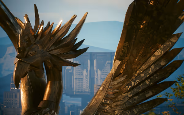 A large golden eagle statue with intricate details stands against a futuristic cityscape