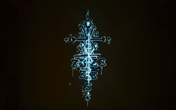 A glowing blue cryptic symbol with runes and crosses is painted on a wall.