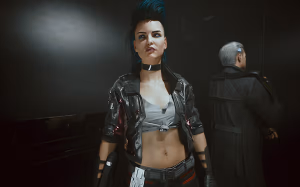 A woman with a mohawk, choker, and cyberpunk outfit stands confidently. A man in a coat faces away.