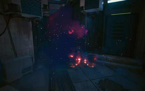 A cloud of dark purple smoke with glowing embers rises in a narrow alley