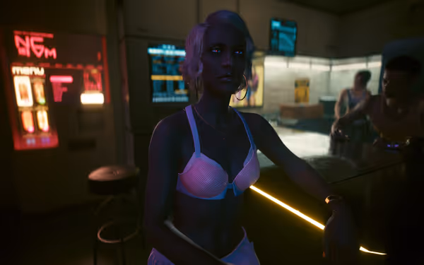 A woman with short blonde hair and red eyes leans on a futuristic bar.