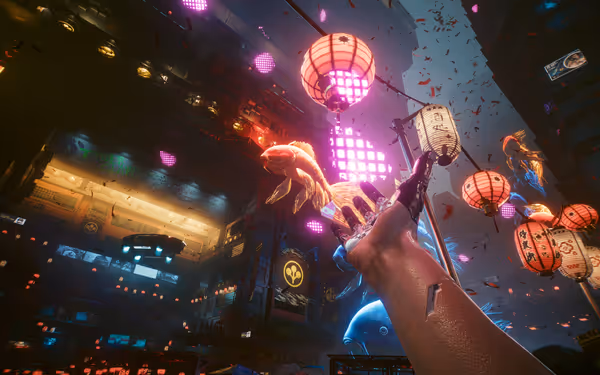 A cybernetic hand reaches toward glowing koi fish holograms and neon lanterns overhead.