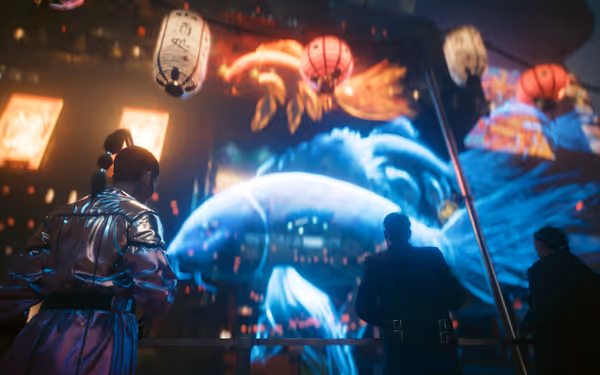 Three people watch massive glowing holographic koi fish float among paper lanterns.