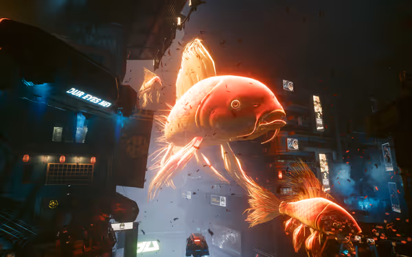 Three glowing holographic koi fish float through a dark futuristic city filled with lights.