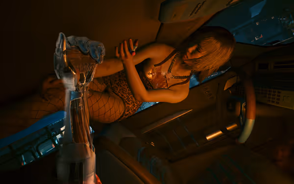 Woman in leopard dress and fishnets lays bloodied in an overturned car.