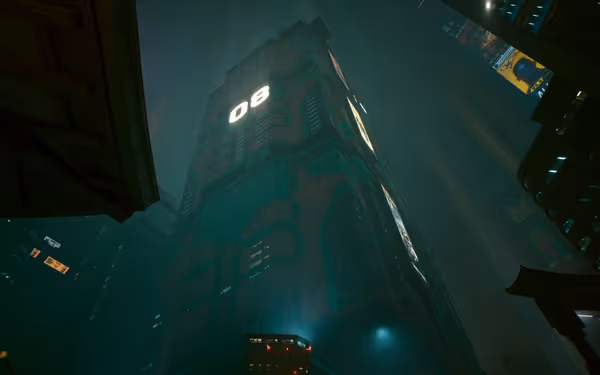 Tall futuristic building labeled "08" glows in a foggy cityscape with neon lights.