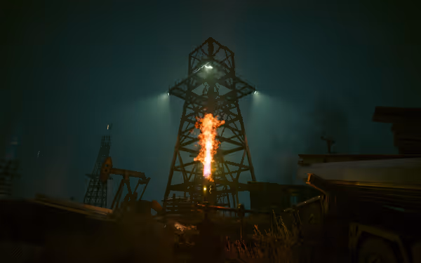 Large oil rig tower with burning flare at center, surrounded by machinery and debris.