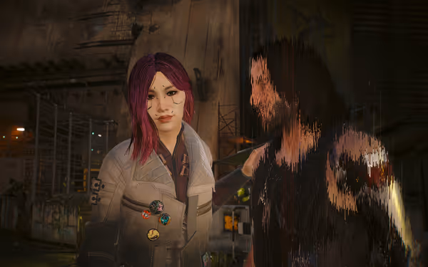 A woman with magenta hair stands beside a glitched, pixelated man in black clothes.