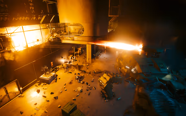 A large armored vehicle sprays bullets amid chaos and debris.