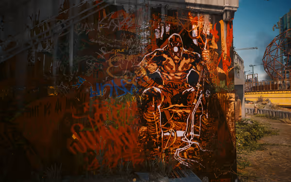 A muscular figure in a mask holding a staff is painted on a graffiti wall.