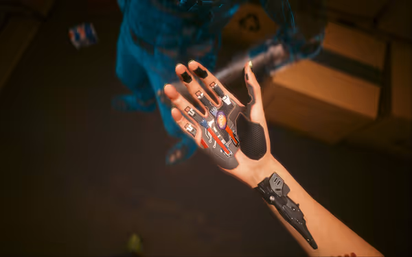 A cybernetic hand with exposed circuitry and glowing parts is held palm-up midair, holding a purple and orange pill.